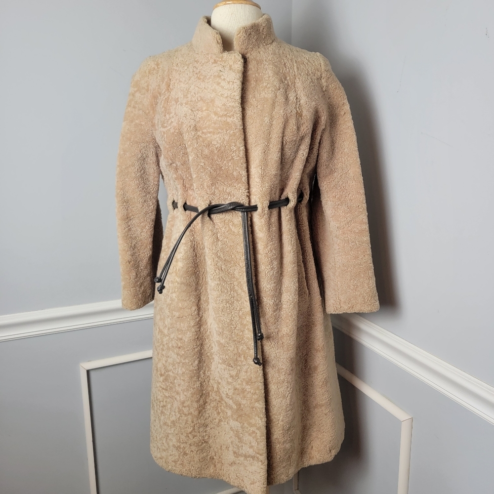 MEIER & FRANK‎ VTG Retro 80s Mandarin Collar Cream Pink Belted Custom Dress Coat